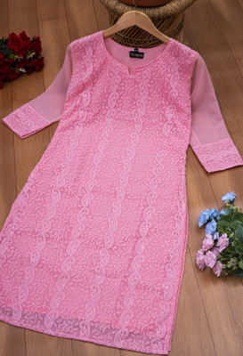 Felopie Women Chikan Embroidery Straight Kurta(Pink)