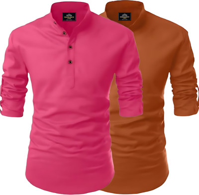 Fashion Marts Men Solid Straight Kurta(Multicolor, Brown)