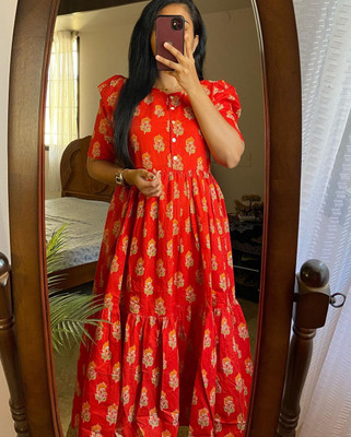HRDAYA Women Floral Print Flared Kurta(Red)
