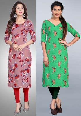 Modli 20 Fashion Women Striped, Printed Straight Kurta(Green, Pink)