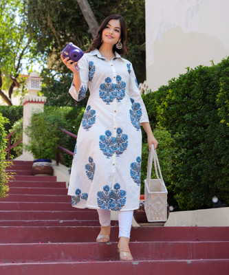 CHARVI CREATION Women Printed Frontslit Kurta(White, Blue)