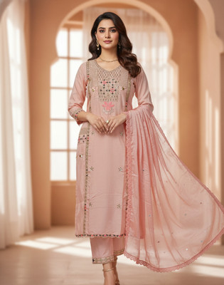 ANGELOUTLETS Women Embroidered A-line Kurta(Pink)