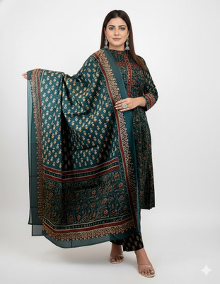 Vanarasa Women Printed, Floral Print, Geometric Print, Block Print Straight Kurta(Dark Green)