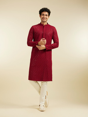 DIWAS by Manyavar Men Embroidered Straight Kurta(Maroon)