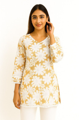 Yavastrah Women Floral Print Straight Kurta(Yellow, White)