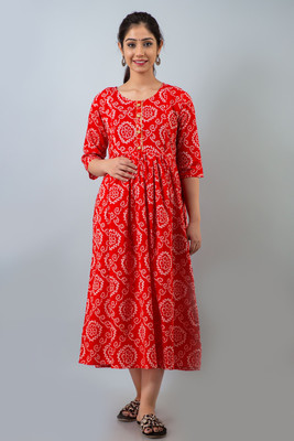 Henal Women Printed Flared Kurta(Red)