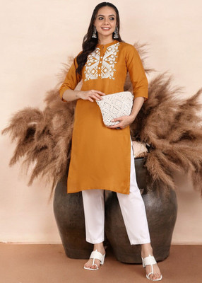 Ladylaz Women Embroidered Straight Kurta(Yellow)