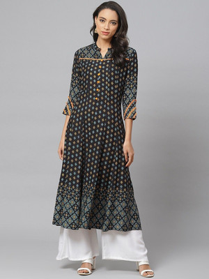 Yash Gallery Women Printed Anarkali Kurta(Black)