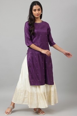 W Women Embellished Straight Kurta(Purple)