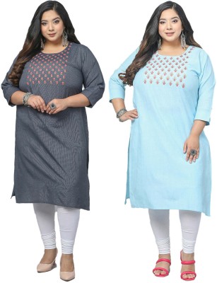 Jevi Prints Women Embroidered Straight Kurta(Grey, Light Blue)