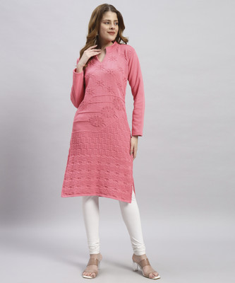 MYLES Women Solid Straight Kurta(Pink)