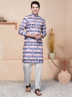 Indo Era Men Printed Straight Kurta(Blue)