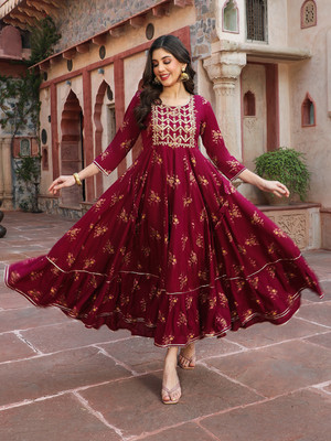 Gulmohar Jaipur Women Printed Flared Kurta(Maroon)