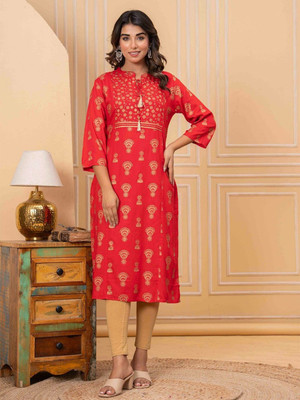 HERE&NOW Women Printed Straight Kurta(Red)