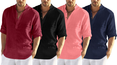 ZOMBOM Men Solid Straight Kurta(Maroon, Black, Pink, Dark Blue)