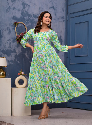 Krishna Enterprises Women Printed, Floral Print, Abstract, Embellished Anarkali Kurta(Light Blue)