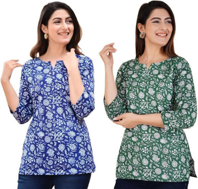 GURUFASHIONS Women Printed Straight Kurta(Blue, Green)