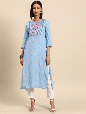 all about you Women Printed Straight Kurta(Blue)