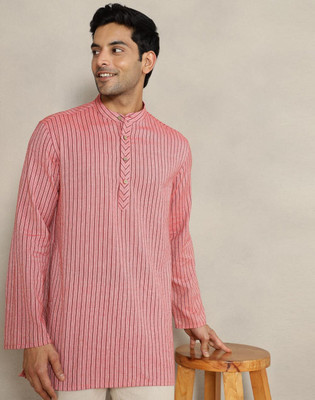 Fabindia Men Striped Straight Kurta(Red)