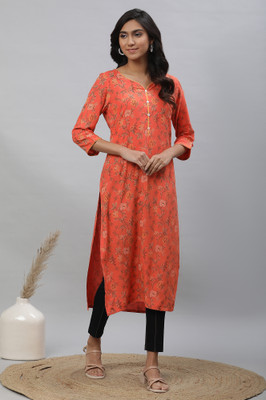 Aurelia Women Floral Print Straight Kurta(Orange)