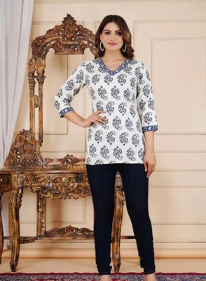 PFFASHION Women Printed Straight Kurta(White)