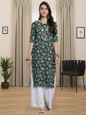 1 Stop Fashion Women Printed A-line Kurta(Green, White)