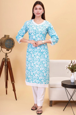 SMEnterprises Women Printed Straight Kurta(Blue, White)