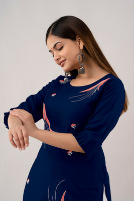 Kapadia Women Printed Straight Kurta(Blue)