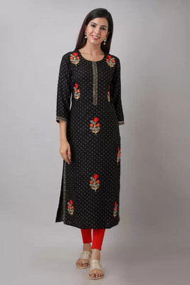 FABRR Women Printed Straight Kurta(Black)