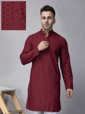 Hangup Men Embroidered Straight Kurta(Red)