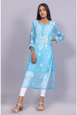 Rudraaksha Chikankari Women Chikan Embroidery Straight Kurta(Light Blue)