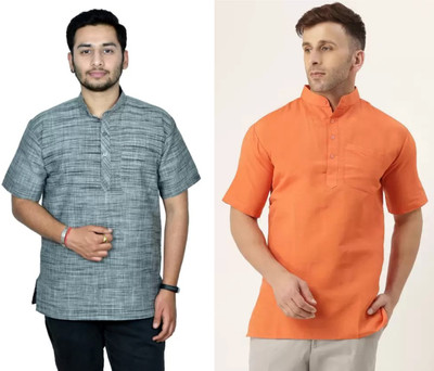 isdfabric Men Self Design Straight Kurta(Black, Orange)