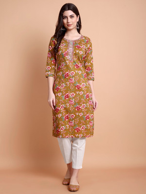 WILL BOTTOM Women Floral Print A-line Kurta(Yellow)