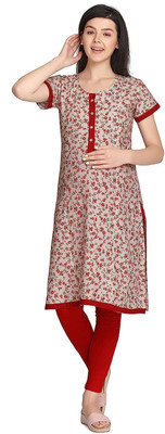 Lovely moms Women Floral Print Straight Kurta(Red)