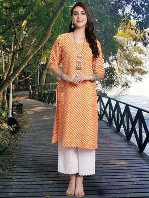 EthnicBasket Women Leheriya Straight Kurta(Orange)