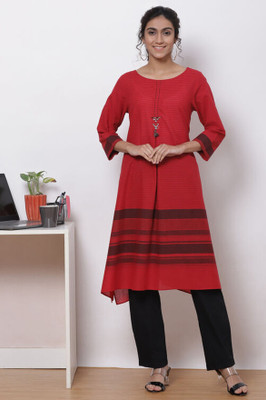 BIBA Women Striped A-line Kurta(Red)