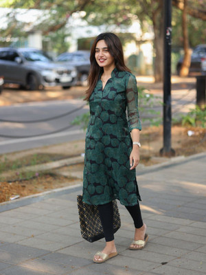 Vivbut creation Women Floral Print A-line Kurta(Dark Green)