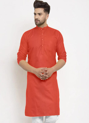 Maa Bhagwati Men Embroidered Straight Kurta(Orange)