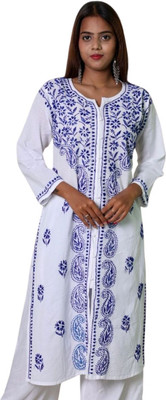 INDICRAFT Women Chikan Embroidery Frontslit Kurta(Blue)