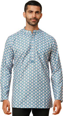 Arch Element Men Geometric Print Straight Kurta(Light Blue, White)
