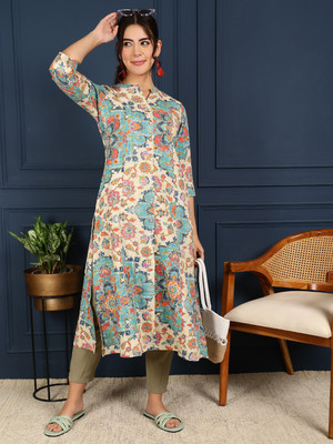 Gulmohar Jaipur Women Printed A-line Kurta(Blue)