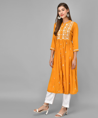 ANGITA Women Chikan Embroidery A-line Kurta(Yellow)