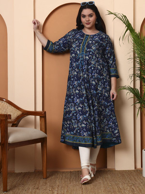 IKRASS Women Printed A-line Kurta(Blue)