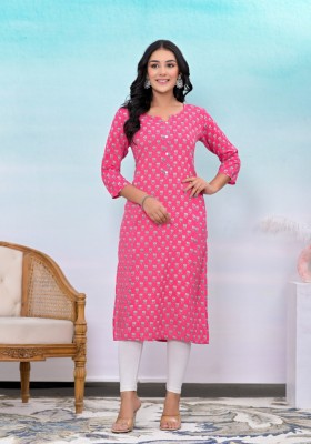 Myaza Women Printed Straight Kurta(Pink)