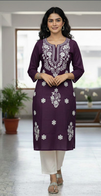 ChikankariArts Women Chikan Embroidery, Embroidered Straight Kurta(Purple)