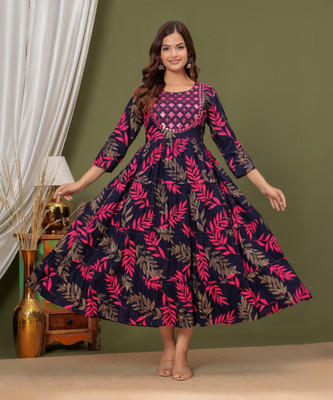 NKRM Women Embroidered, Printed Anarkali Kurta(Dark Blue)