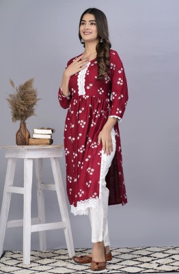 Bachuu Women Printed A-line Kurta(Maroon, White, Black)