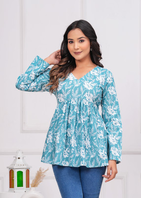 Chiraai Women Printed Cape Top Kurta(Light Blue)