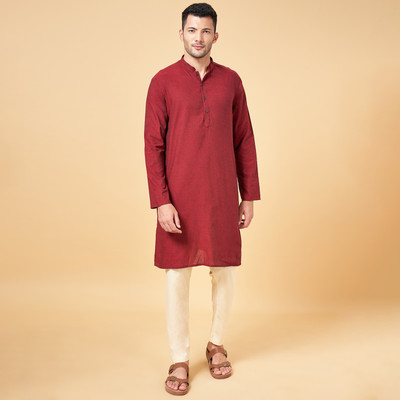 Indus Route by Pantaloons Men Solid A-line Kurta(Maroon)