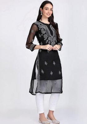 SMAfashion Women Chikan Embroidery A-line Kurta(Black, White)